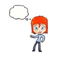 cartoon relaxed woman pointing with thought bubble N11