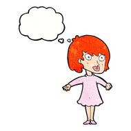 cartoon woman wearing dress with thought bubble N11