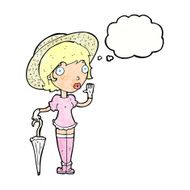 cartoon woman in summer hat waving with thought bubble N11