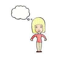 cartoon woman shrugging shoulders with thought bubble N524