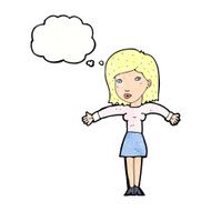 cartoon woman shrugging shoulders with thought bubble N525