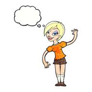 cartoon girl waving with thought bubble N30