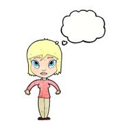 cartoon woman shrugging shoulders with thought bubble N526