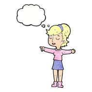 cartoon happy woman pointing with thought bubble N73