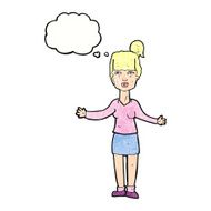 cartoon woman shrugging shoulders with thought bubble N527
