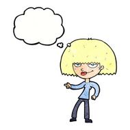 cartoon happy woman pointing with thought bubble N74