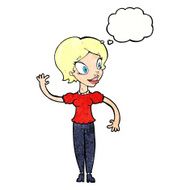cartoon woman waving with thought bubble N359