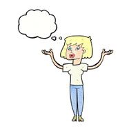 cartoon woman holding up hands with thought bubble N21