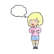 cartoon woman making Who Me? gesture with thought bubble N49