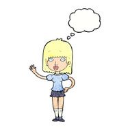 cartoon woman waving with thought bubble N362