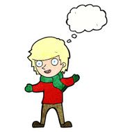 cartoon boy in winter clothes with thought bubble N10