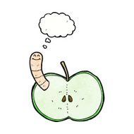 cartoon apple with worm thought bubble N48