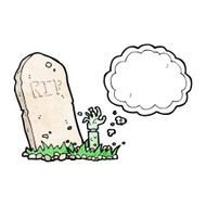 cartoon zombie rising from grave with thought bubble N9