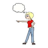 cartoon hip woman pointing with thought bubble N9