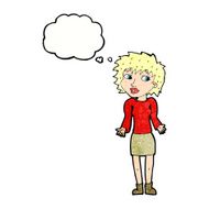 cartoon woman shrugging shoulders with thought bubble N528