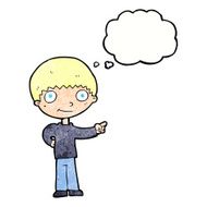 cartoon happy boy pointing with thought bubble N20