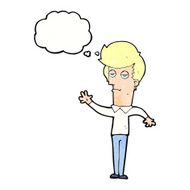 cartoon bored man waving with thought bubble N9