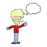 cartoon waving mustache man with thought bubble N10