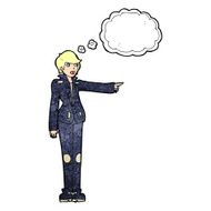 cartoon woman in leather jacket pointing with thought bubble N10