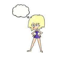 cartoon angry woman in dress with thought bubble N9