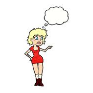 cartoon worried woman in dress pointing with thought bubble N10
