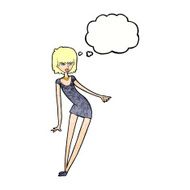 cartoon woman in dress leaning with thought bubble N10