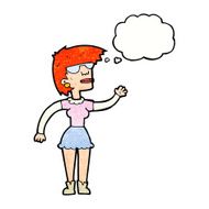 cartoon woman in spectacles waving with thought bubble N10