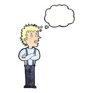 cartoon boy with folded arms thought bubble N21