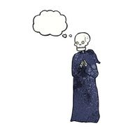 cartoon skeleton in black robe with thought bubble N7