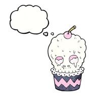 spooky skull cupcake cartoon with thought bubble N10