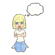 cartoon woman kneeling with thought bubble N7