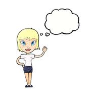 cartoon woman waving with thought bubble N363