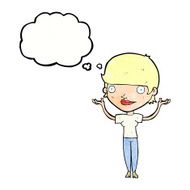 cartoon woman holding arms in air with thought bubble N11