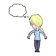 cartoon woman shrugging shoulders with thought bubble N530