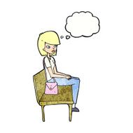 cartoon woman sitting on bench with thought bubble N11