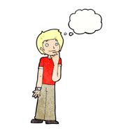 cartoon boy wondering with thought bubble N10