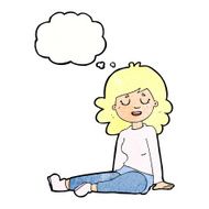 cartoon happy woman sitting on floor with thought bubble N22