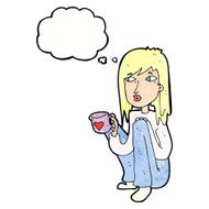 cartoon woman sitting with cup of coffee thought bubble N11