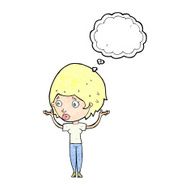 cartoon woman raising hands in air with thought bubble N20