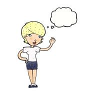 cartoon woman waving with thought bubble N365