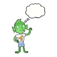 cartoon waving fish boy with thought bubble N10