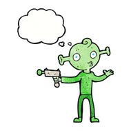 cartoon alien with ray gun thought bubble N10