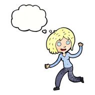 cartoon happy waving girl with thought bubble N11