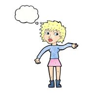 cartoon friendly woman waving with thought bubble N53