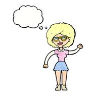 cartoon waving woman wearing spectacles with thought bubble N11