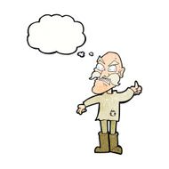 cartoon angry old man in patched clothing with thought bubble N10
