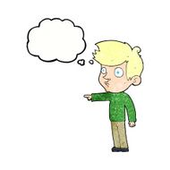 cartoon pointing boy with thought bubble N32
