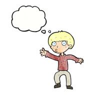 cartoon boy waving warning with thought bubble N11