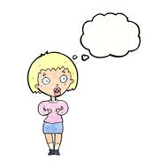 cartoon woman making Who Me? gesture with thought bubble N50
