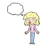 cartoon girl shrugging shoulders with thought bubble N33
